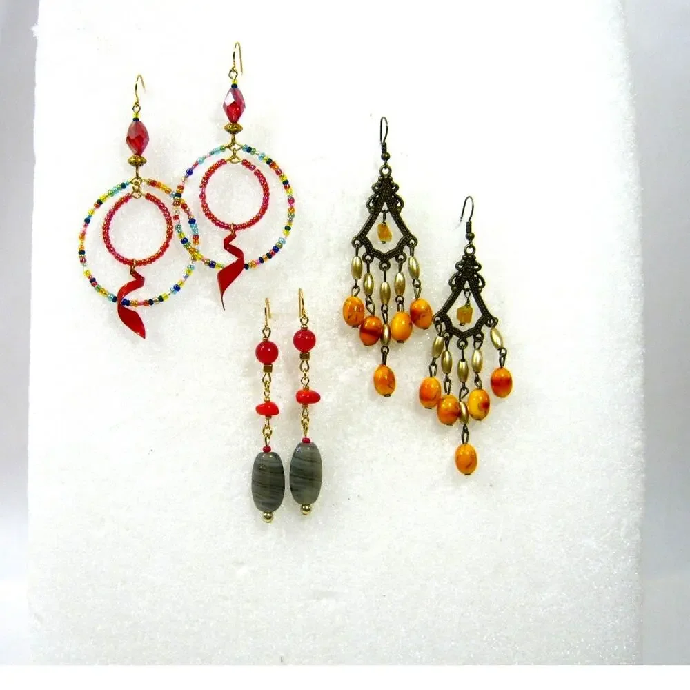 Set of Handcrafted BOHO style Glass Beaded Hoop and Chandelier Drop Earrings